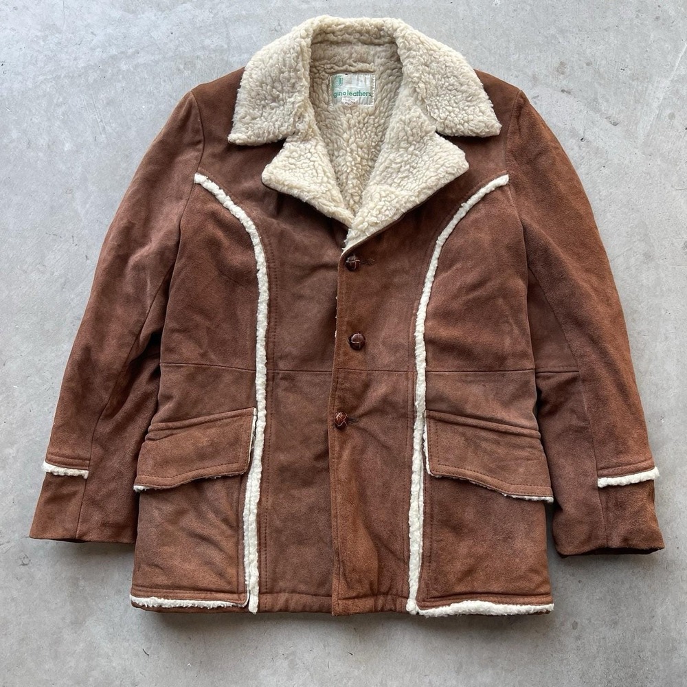 Vintage Gino Leathers Men's Brown Suede Shearling‎ Sherpa Coat Jacket Size 40